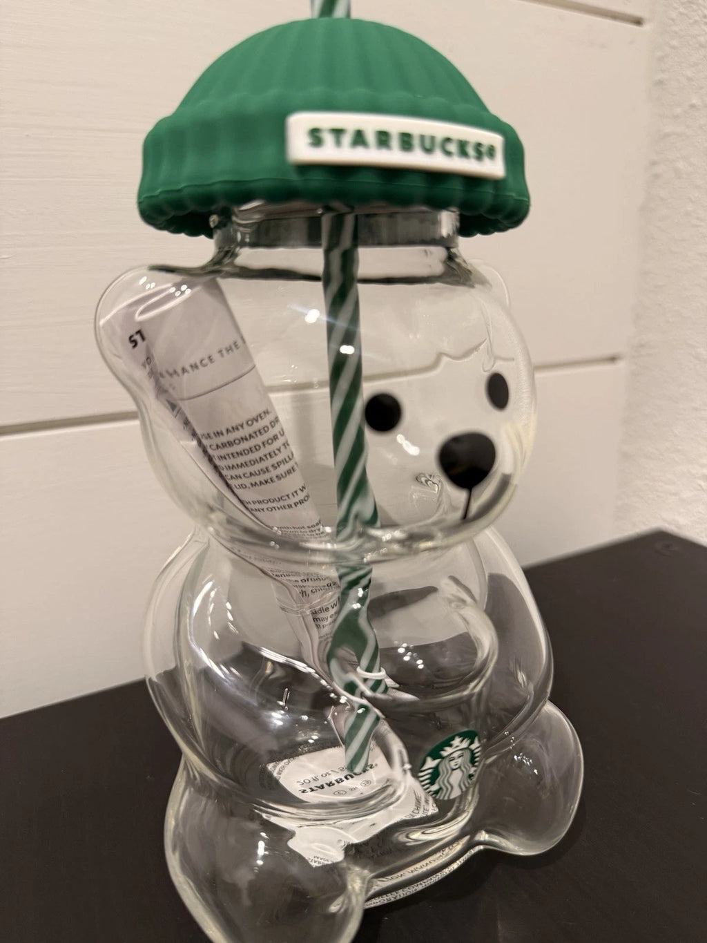 Starbucks Bear Glass Tumbler with Straw & Green Knit Lid Reusable Cold Cup